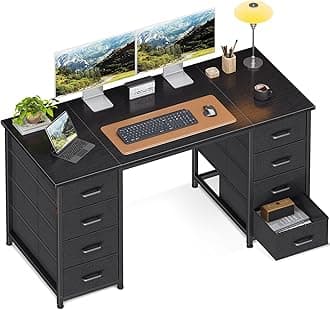 48 Inch Computer Desk with 8 Fabric Drawers, Modern Office Desk with Large Storage for Home Office, Study, Gaming, Black