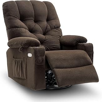 Electric Power Swivel Glider Rocker Recliner Chair with Cup Holders for Nursery, Hand Remote Control, USB Ports, 2 Side & Front Pockets, Plush Fabric 7797 (Brown)