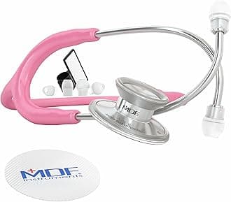 MDF Instruments, Acoustica Lightweight Stethoscope for Doctors, Nurses, Students, Home Health Use, Adult, Dual Head, Pink Tube, Silver Chestpiece-Headset, MDF747XP01