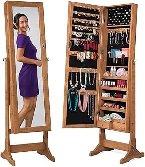 Best Choice Products Freestanding Jewelry Armoire Cabinet, Full Length Standing Mirror, Lockable Makeup Storage Organizer, w/Velvet Lining, 3 Angles, Lock, Accessory Pouch, 5 Shelves - Rustic Brown