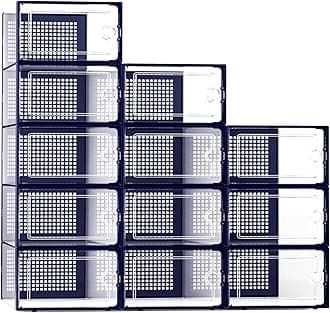 X-Large Shoe Storage Boxes Organizers Clear Plastic Stackable 12 Pack, Shoe Rack & Holder Substitute, Sneaker Containers, Toy Storage Organizer Bins for Entryway, Closet, Under Bed, Blue