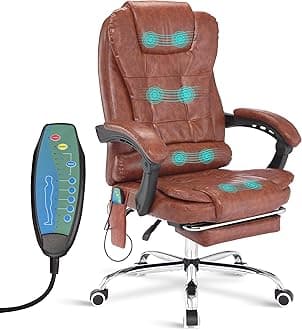 Blisswood 8-Point Massage Office Chair with Footrest & Lumbar Support - Faux Leather Executive 360° Swivel PC Desk Chair for Home, Office & Gaming Room - 135° Recline, Adjustable Height (Waxy Brown)