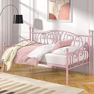 VECELO Metal Daybed Frame Multifunctional Platform Bed Sofa Mattress Foundation with Classic Headboard, Twin, Pink