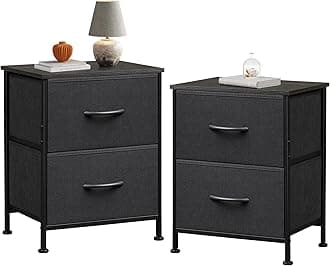 WLIVE Black Nightstand Set of 2, Night Stand with 2 Fabric Drawers, Small Dresser for Bedroom, Bedside Tables for Small Spaces, Dorm, Wood Top