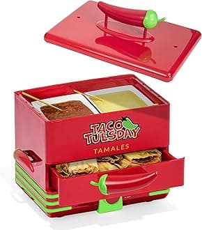 Nostalgia Taco Tuesday Tamales Steamer - Veggie, Pot Sticker, Hot Dog, Egg, & Hot Tamale 2 Tier Food Steamer – Red and Green