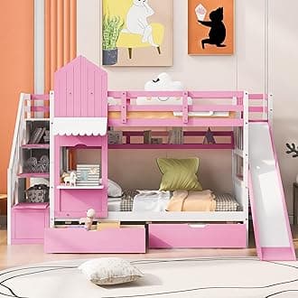 - MERITLINE Twin Over Twin Bunk Bed for Kids, Castle Bunk Beds with 2 Drawers 3 Shelves and Slide, Solid Wood Twin Bunk Bed for Kids Girls Boys Teens (Pink)