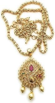 SasitrendsTraditional Gold Plated AD Stone Studded Pendant Chain Necklace for Women