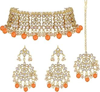 Aheli Elegant Indian Faux Kundan Studded Choker Necklace with Maang Tikka Set Ethnic Wedding Wear Bharatanatyam jewellery set Gift for Women