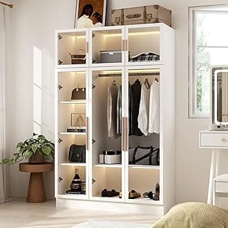 Hitow Wardrobe Cabinet with LED Lights, Armoire Closet with Glass Doors, Wooden Large Wardrobe with Hanging Rod & 5 Tiers Shelf, Modern Bedroom Armoire Clothes Organizer, White 47.2" W