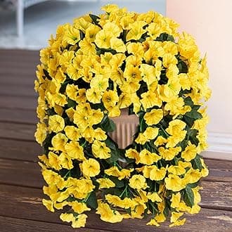 Artificial Fake Hanging Flowers Plants for Outdoor Outside Spring Decoration, 2PCS Faux Silk UV Resistant Look Real Yellow Morning Glory Trailing Vines for Home Planter Porch Patio Balcony