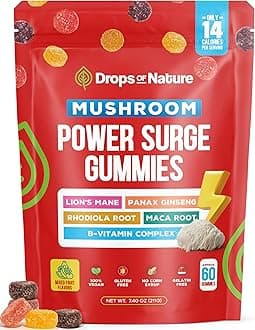 Mushroom Supplement Power Surge Gummies - Lions Mane, Maca Root, Panax Ginseng, Vitamin B12 & Rhodiola - Vegan, Vitamin B Complex - Mushroom Gummies for Energy and Wellness (Mixed Fruits, 60 Gummies)
