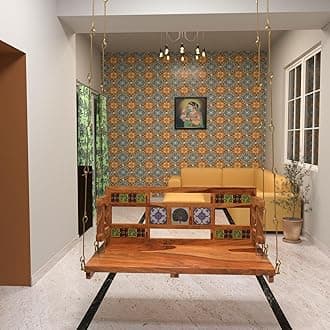 Jairi Traders Wooden Swing (4ftx2ft) Solid Wooden Hanging with Hand Rest and Back Support Jhula Wooden Swing (with Stainless Steel Accessories) Reversible Ceramic Frame Touch