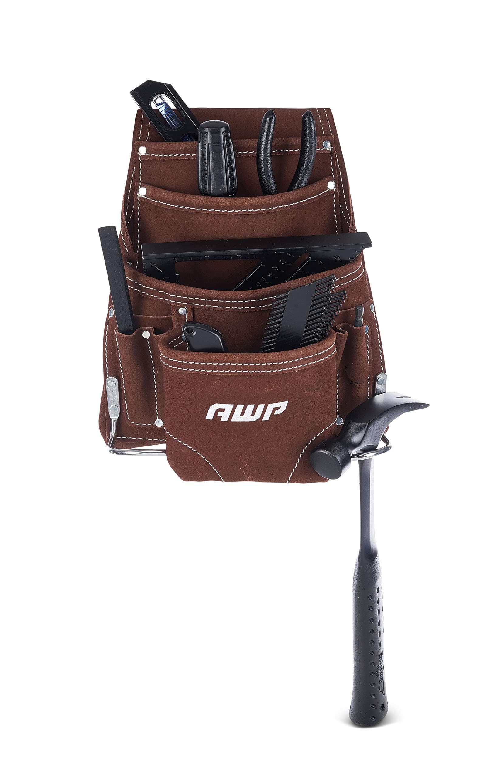 10-Pocket Suede Tool Pouch | Durable General Construction Leather Tool Pouch | Brown
