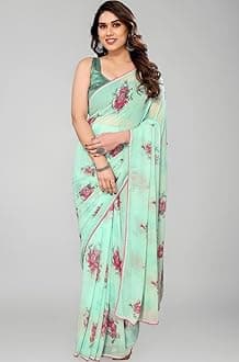 RAJESHWAR FASHION WITH RF Women's Printed Georgette Sarees For Ladies & College Girls Farewell With Lace Border & Blouse