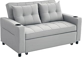 HOMCOM 3-in-1 2 Seater Sofa Bed, Convertible Sleeper Sofa with Adjustable Backrest, Fabric Pull Out Loveseat Bed with 2 Pillows, Side Pockets and Cup Holders for Living Room, Bedroom, Light Grey