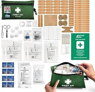 120 Piece Premium First Aid Kit Travel Bag - Includes Bandages and Dressings, Extra-Strong Metal Scissors and Emergency Car Blanket for Home, Office, Caravan, Workplace