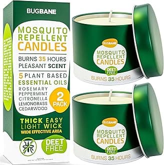 Mosquito Candle Outdoor 2 Pack with 5 Natural Essential Oils. DEET Free Citronella Candles Outdoor Mosquito Repellent. Blend of Citronella, Rosemary, Peppermint, Lemongrass, and Cedarwood
