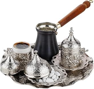 Turkish Greek Arabic Coffee Making and Serving Full Set with Cups Saucers Lids Sugar Bowl Tray and Copper Coffee Pot, Hand Decorated with Gold Crystals, 12 Pcs (Silver)