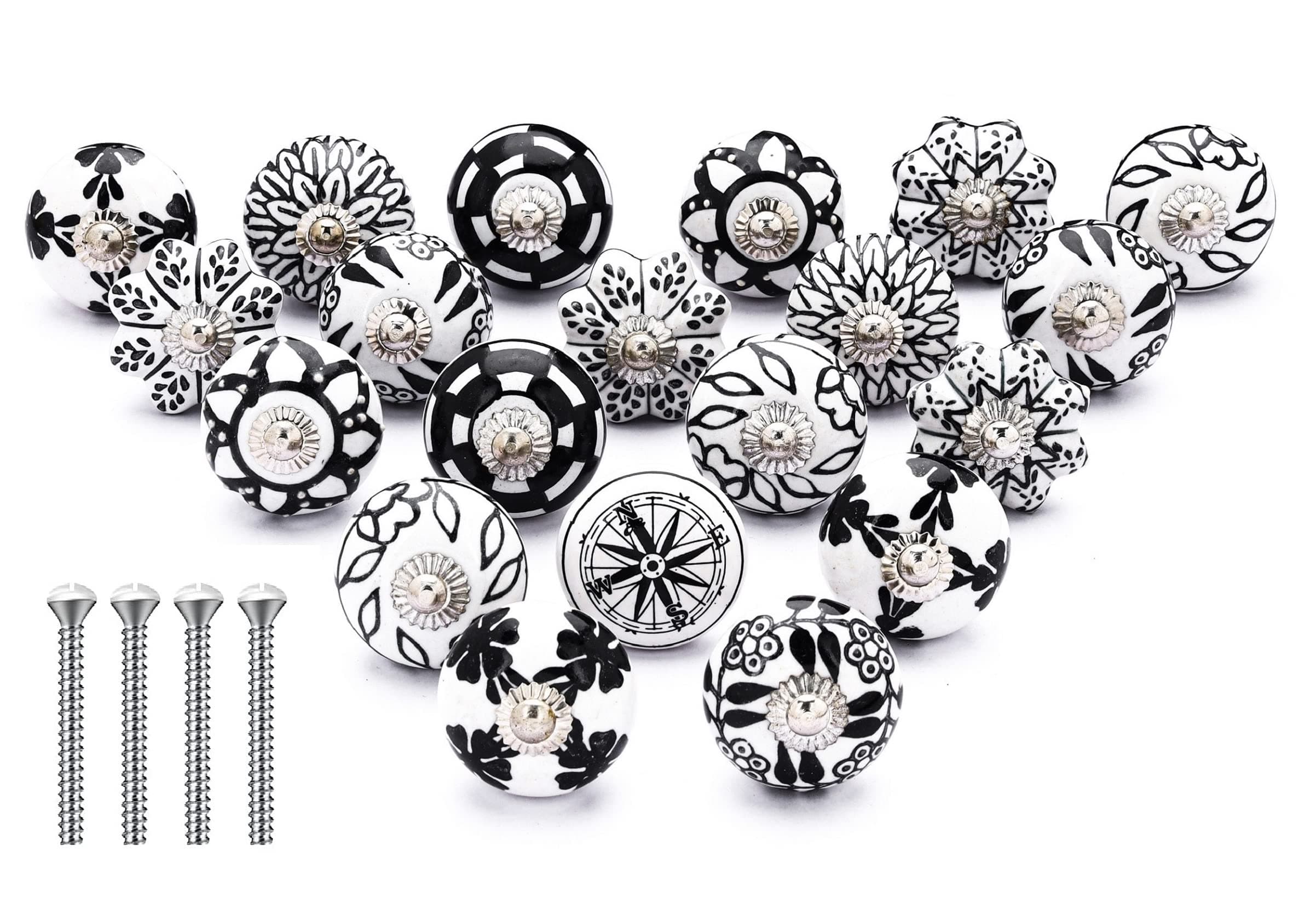 NAQSH Ceramic Cabinet Knobs Kitchen Drawer Knob Handpainted Cupboard Door & Drawers Pulls (Black & White, 20)