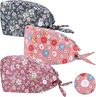 Yolev3 Pack Scrub Cap Printed Bouffant Cap Working Cap Beanie Hat Adjustable Sweat Absorption Cap with Sweatband for Women