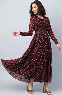 DEEBACO Women's Georgette Dobby Smocking Tiered Maxi Dress|Sleeveless|V-Neck Frill|Casual Trending Fashion Long One Piece Dresses Women Western