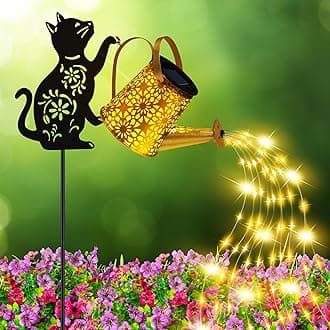 Solar Lights Outdoor Decorative, Watering Can with Cascading Lights, with Cat Silhouette Garden Stakes, Gifts for Mom Women, Waterproof Metal Garden Decor for Yard Art, Outside, Patio, Lawn Ornaments