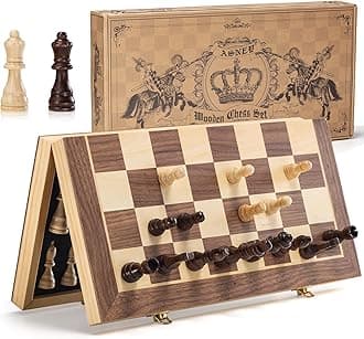 ASNEY Upgraded Magnetic Chess Set, 15" Tournament Staunton Wooden Chess Board Game Set with Magnets, Crafted Chesspiece ans Storage Slots for Kids Adult, Includes Extra Queens