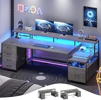 SEDETA 75'' Computer Desk with 5 Drawer, Power Outlet & Led Lights, Home Office Desk with File Drawer, Storage Shelves, Printer Cabinet and Monitor Shelf, 23.6" W Large Desktop Gaming Desk, Grey