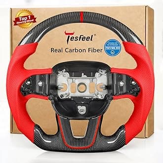 Real Carbon Fiber Steering Wheel Frame compatible with Dodge Challenger (2015-2024), for Charger, for Durango - Red Perforated Leather, Stitching & Bottom Halo, Flat D-Shape