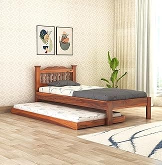 Wooden Arch Single Trundle Bed | Trundle Bed with 1 Extra Pullout Bed | Solid Sheesham Wood, Honey Finish