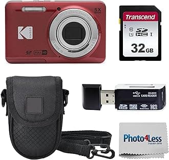 KODAK PIXPRO FZ55 16MP Digital Point & Shoot Camera, 5X Optical Zoom, 28mm Wide Angle, 1080P Full HD Video, Bundle with 32GB SD Card, Protective Case, and Hi-Speed Card Reader (Red)