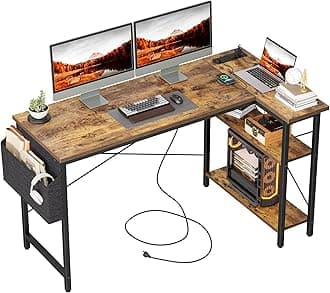 TIQLAB L Shaped Computer Desk with Power Outlets, 55 Inch Small Corner Desk with Reversible Shelves, Gaming Desk Computer Table Study Writing Desk for Home Office Small Space, Rustic Brown