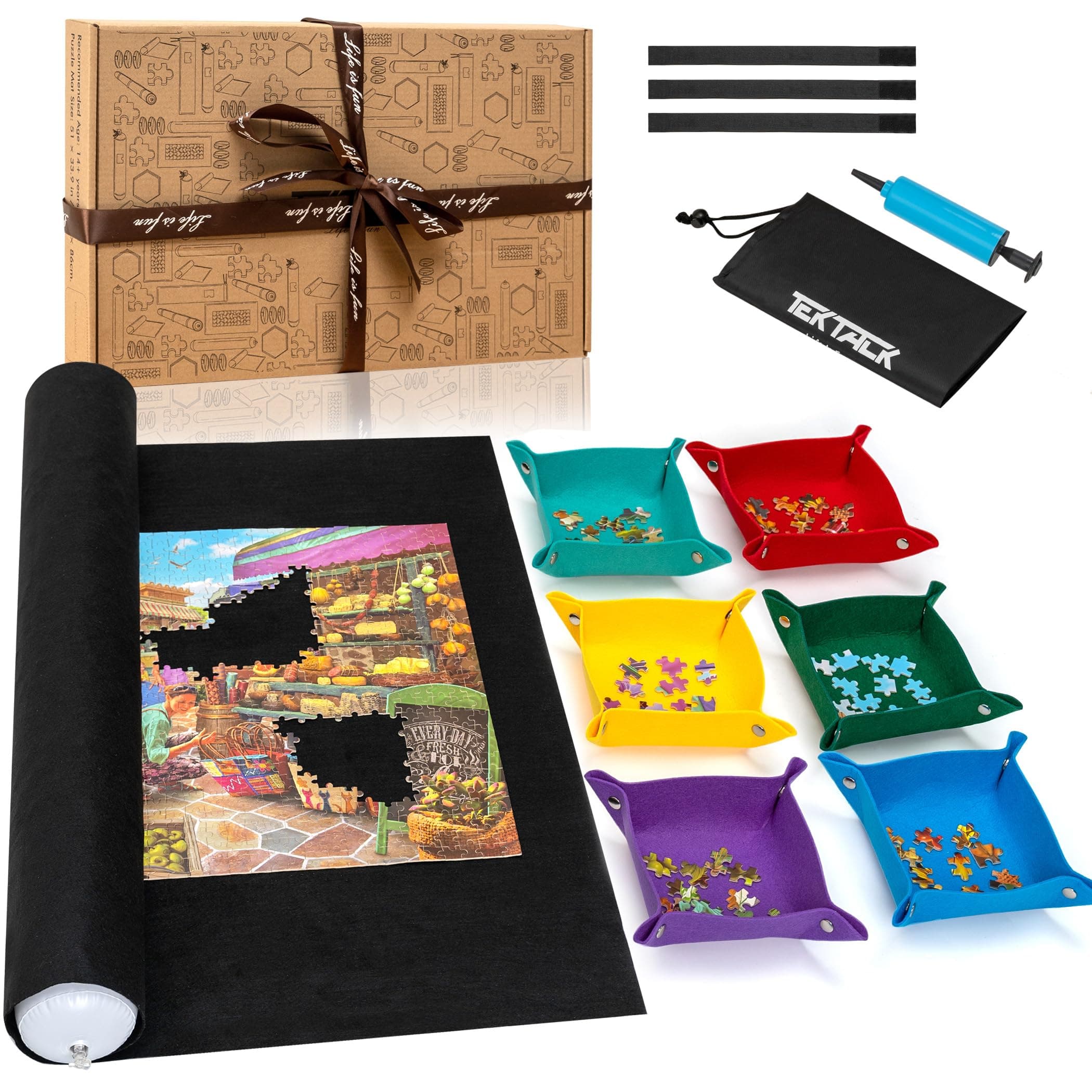 Tektalk Higher Capacity Design with 6 Colorful Felt Sorting Trays, Puzzle Rolling Mat in Filigree Packaging Box with Hand Pump for Storage and Storage for 2000, 1500, 1000, 500 Puzzle Pieces