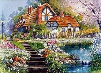 Cross Stitch Kits Stamped, OWN4B House in the Garden Printed Pattern 11CT 14.2x18.1 inch DIY Embroidery Kit (House)
