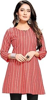 Women's Rayon Fabric Printed Round Neck Short Kurtis Top Dresses Kurti