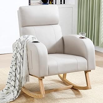 Rocking Chair Nursery, Leather Nursery Rocking Chairs with Cup Holders, Nursing Rocking Chair Glider Rocker Indoor for Adult, Living Room, Bedroom, Beige