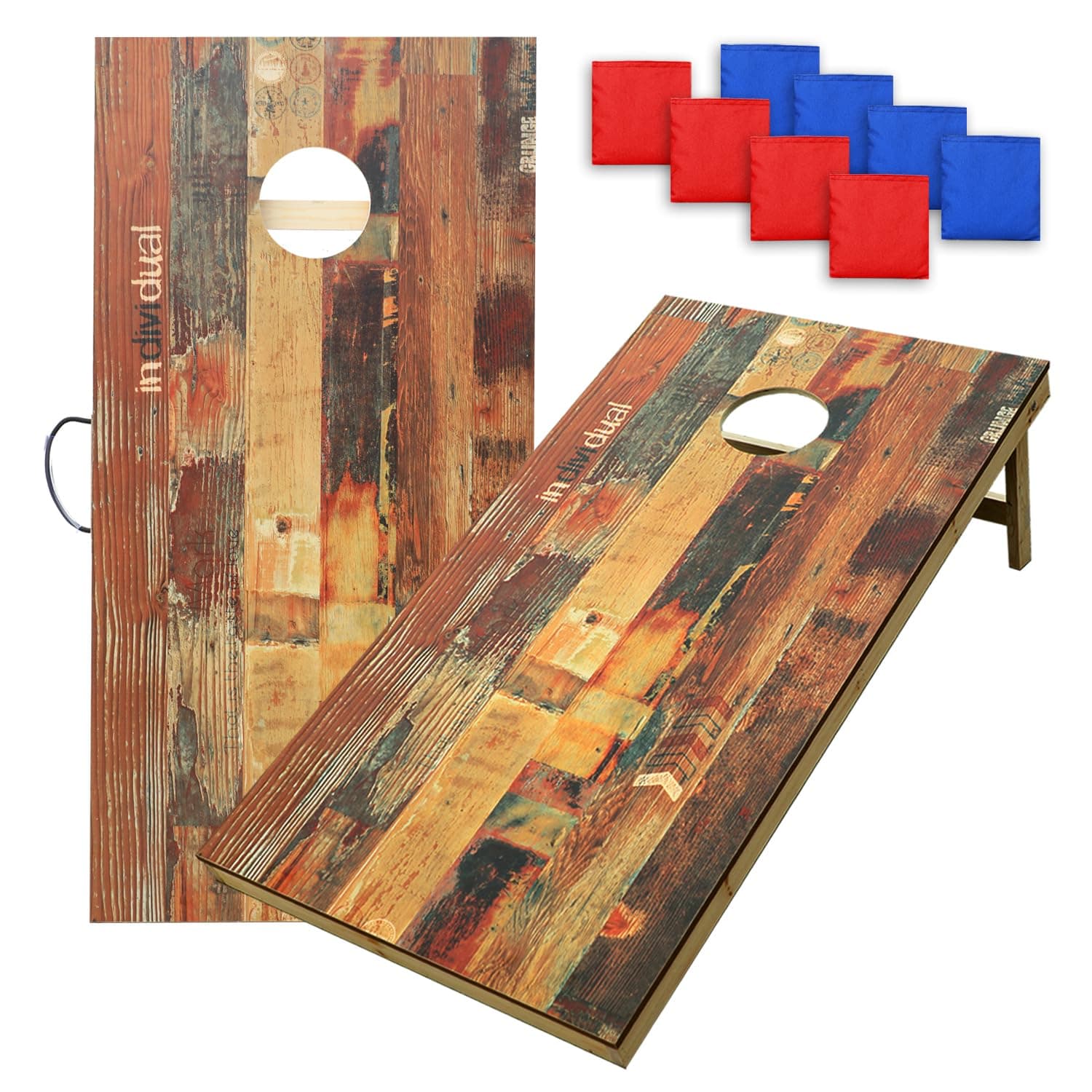 UKASE Solid Wood Regulation Size Cornhole Set Portable Bean Bags Toss Game with Durable Wood Grain Printed Surface and Underneath for Indoor and Outdoor