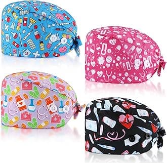 Unittype 4 Pcs Nurse Caps for Women Nursing Working Caps with Button and Sweatband Adjustable Elastic Scrub Hats for Dentist