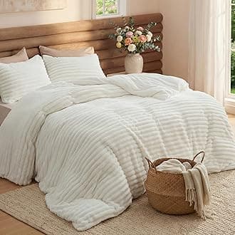 Bedsure Full Size Comforter Sets - GentleSoft™ 3 Pieces Double-Side Fleece Fluffy White Comforter Set, Cozy Striped Room Decor Aesthetic, Luxury Full Size Bedding, 2 Pillowcases, 82x86 Inches