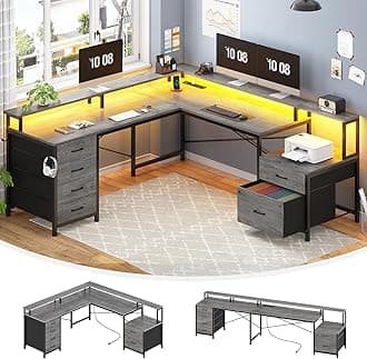 L Shaped Desk with 6 Drawer, 108" Home Office Desk with File Drawer & Power Outlet, Corner Computer Desk with Monitor Shelf, Two Person Desk, Gaming Desk with Led Lights, Grey
