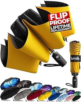 TUMELLA Flip-proof Inverted Travel Umbrella, Small Strong but Light Portable and Automatic Reverse Folding Rain Umbrella, Durable Premium Grip, Fits Car & Backpack