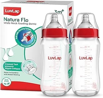Natura Flo Wide Neck Glass Feeding Bottle, New Born/Infants/Toddler Upto 3 Years, BPA Free, Ergonomic Shape is Easy to Hold, with Anti Colic, Pack of 2, 250ml