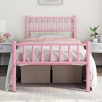 Yaheetech 3ft Single Metal Bed Frame Modern Style Bed Frame with Headboard and Footboard, Solid Slatted Base Pink