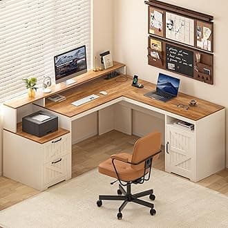 YOMILUVE 63" Farmhouse L Shaped Executive Desk with Drawers & Storage Shelf, Corner Computer Desk with Power Outlets, L Shaped Office Desk with Monitor Stand, Printer Shelf, Antique White