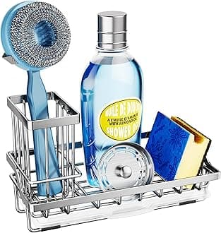 Kitchen Sink Caddy Sponge Holder, Kitchen Sink Organzier and Storage with High Brush Holder and Drip Tray for Dish Sponges, Silver
