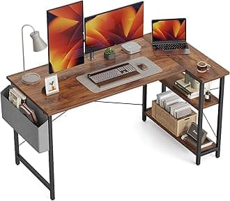 L Shaped Desk, 55 Inch Computer Desk with Reversible Storage Shelves Home Office Corner Desk Study Writing Table, Deep Brown