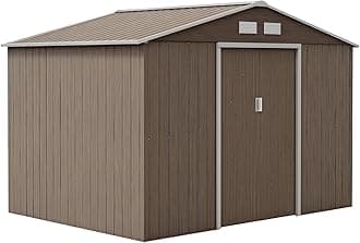 Outsunny 9 x 6ft Metal Garden Shed, Waterproof Outdoor Bike Storage Shed Galvanised with Vents, Foundation Kit, Apex Roof and Lockable Double Doors for Patio Lawn, Light Brown
