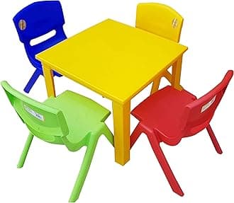 A406 Strong Kids Children Table and Chairs Set for Study, Activity Garden Indoor (Yellow Table + 4 Chairs Mix)