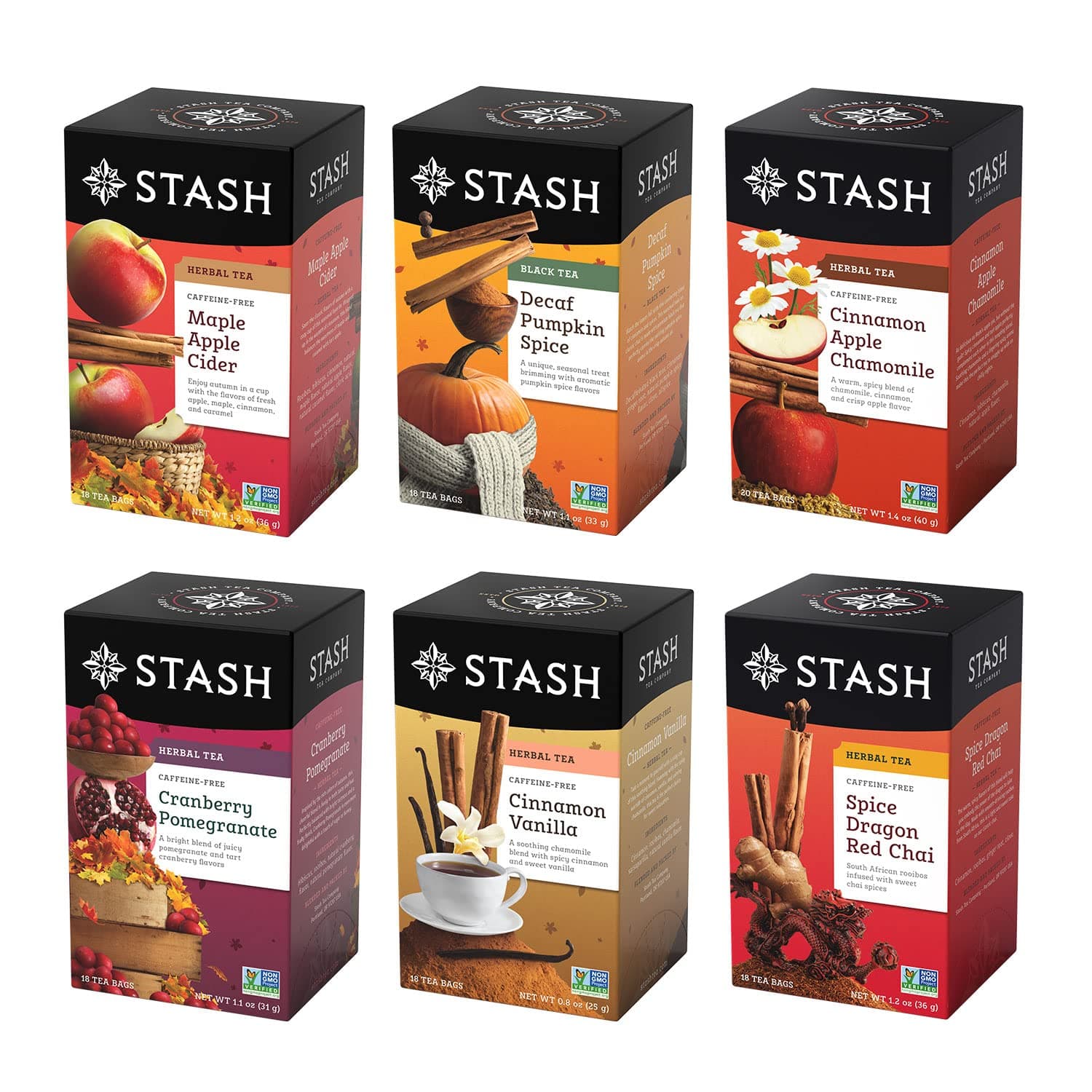 - Stash Tea Fall for Autumn 6 Flavor Tea Sampler, 6 Boxes With 20 Tea Bags Each (120 Tea Bags Total)