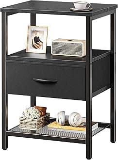Huuger Night Stand with Fabric Drawer, Side Table with Mesh Shelf, Bedroom Nightstand, Fabric Drawer Dresser, Open Shelf, Metal Frame, Couch Side, Black